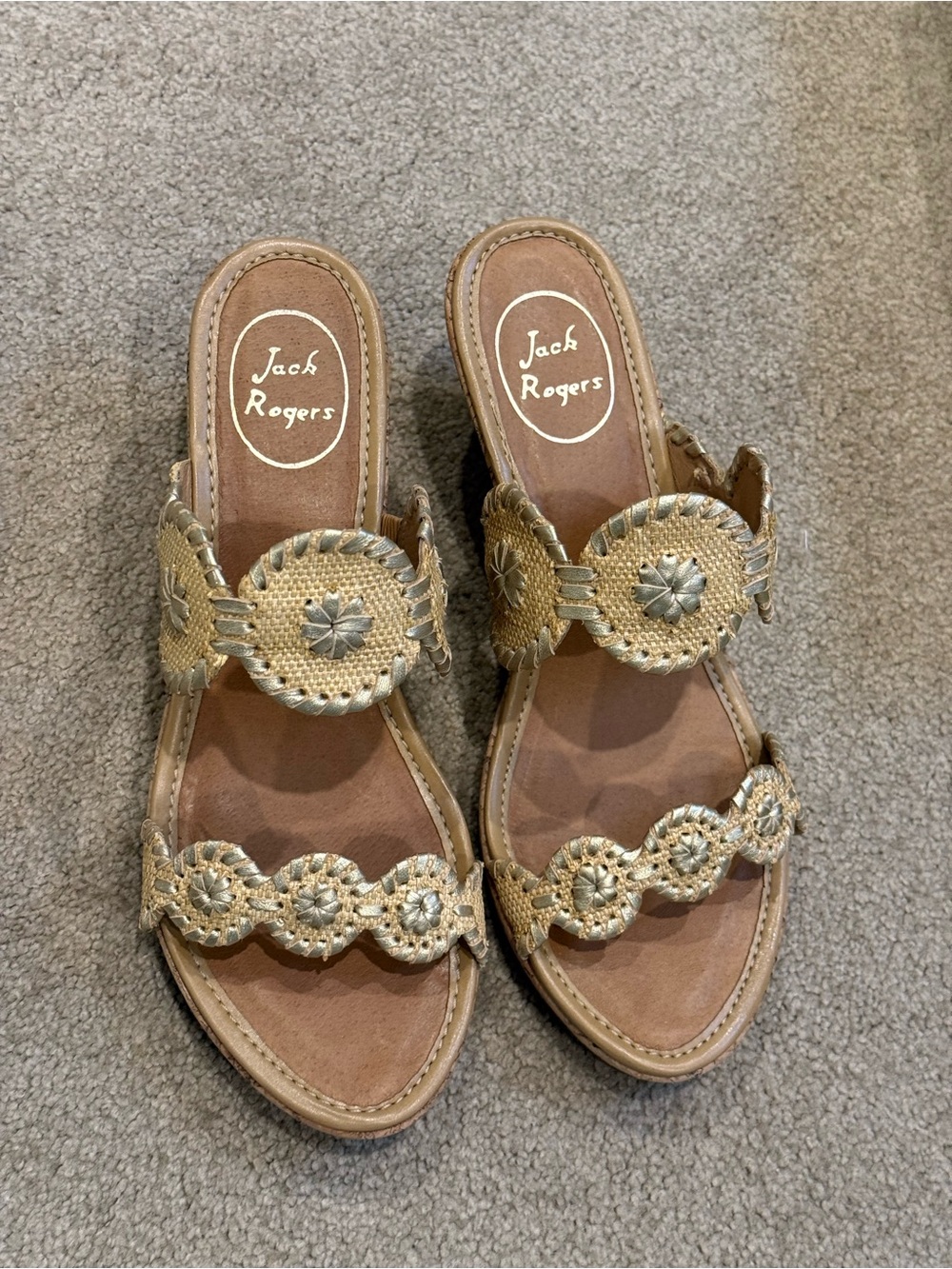 Jack Rogers Tan Slides with Gold Braided Medallions